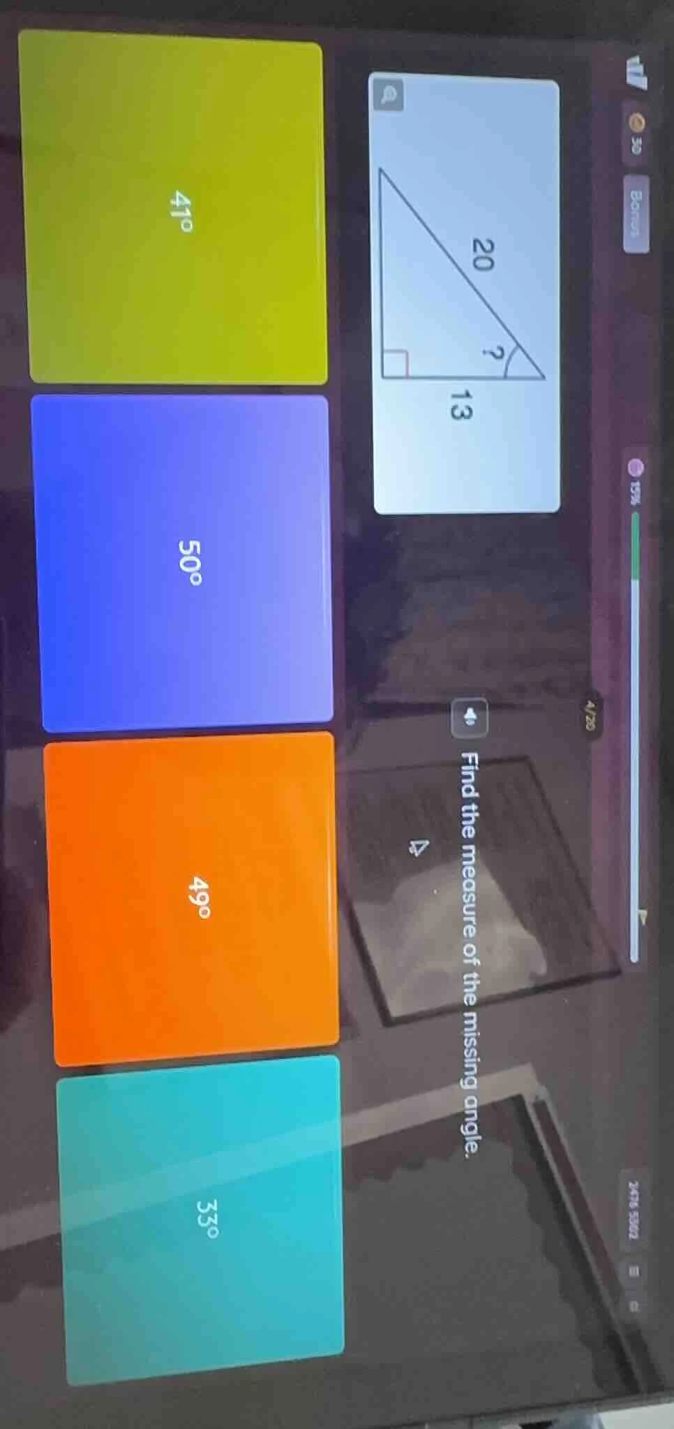 find the measure of the missing angle. 20 13 41° 50° 49°