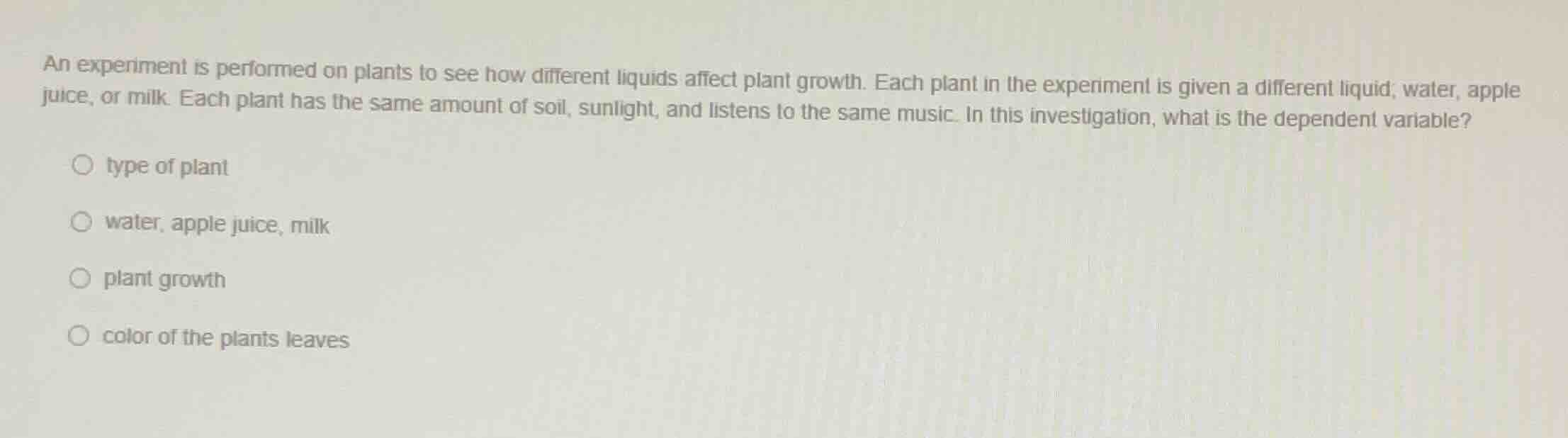 an experiment is performed on plants to see how different liquids affec…