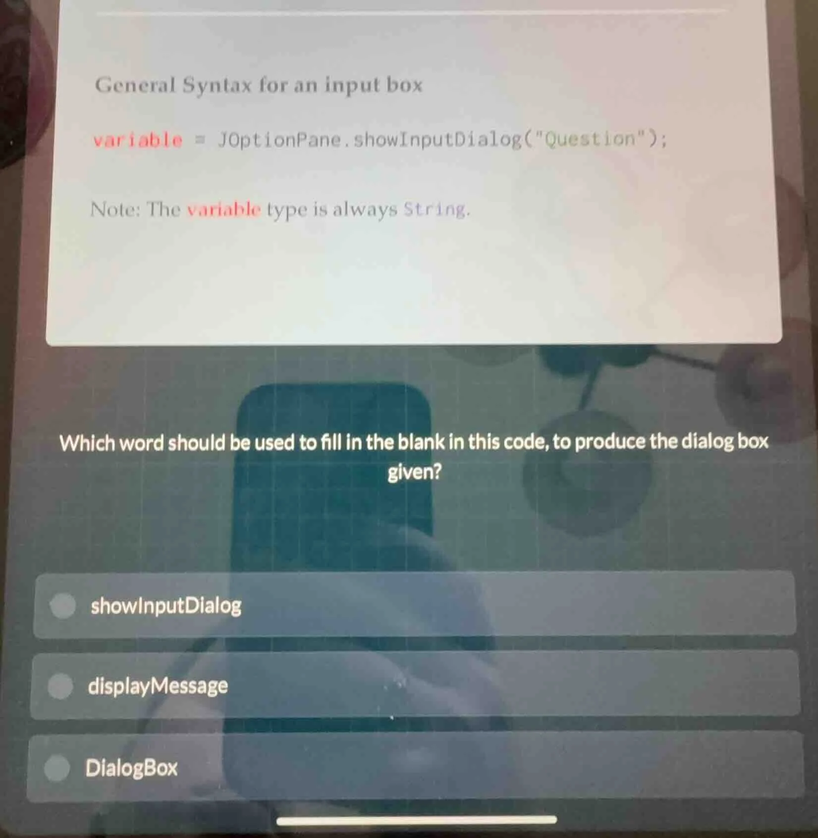 general syntax for an input box variable = joptionpane.showinputdialog(…
