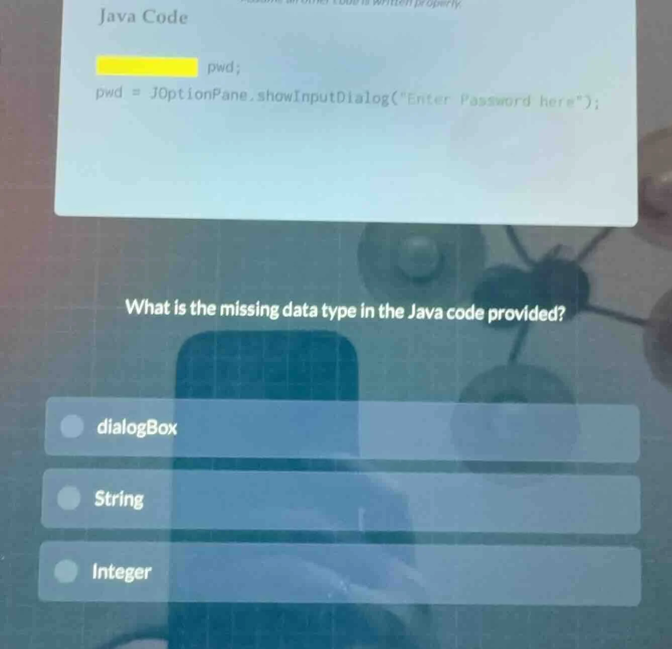 java code yellow highlighted pwd; pwd = joptionpane.showinputdialog(\en…