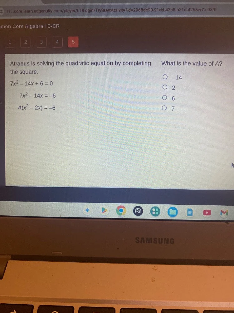 atraeus is solving the quadratic equation by completing the square. $7x…