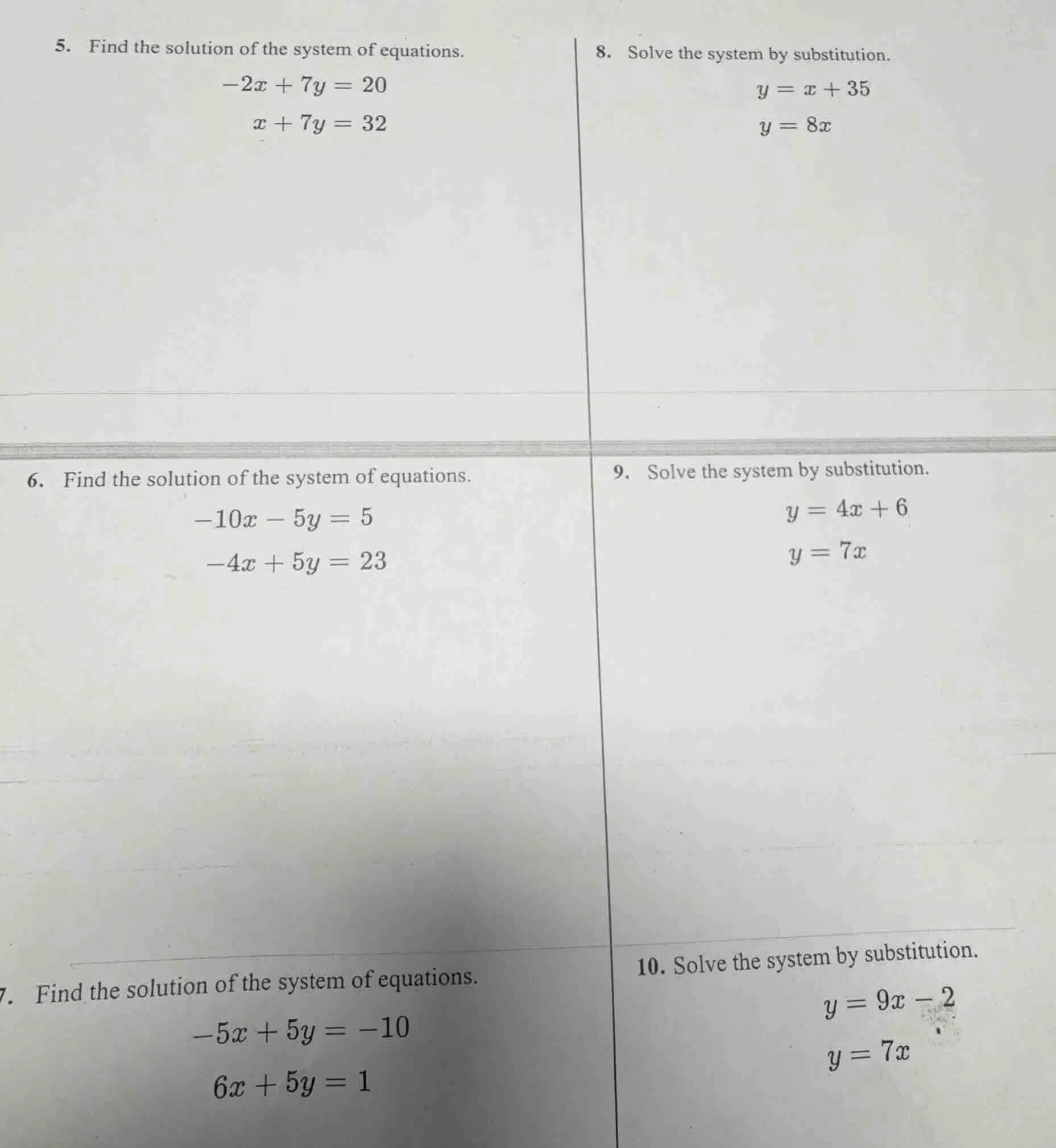 5. find the solution of the system of equations. -2x + 7y = 20 x + 7y =…