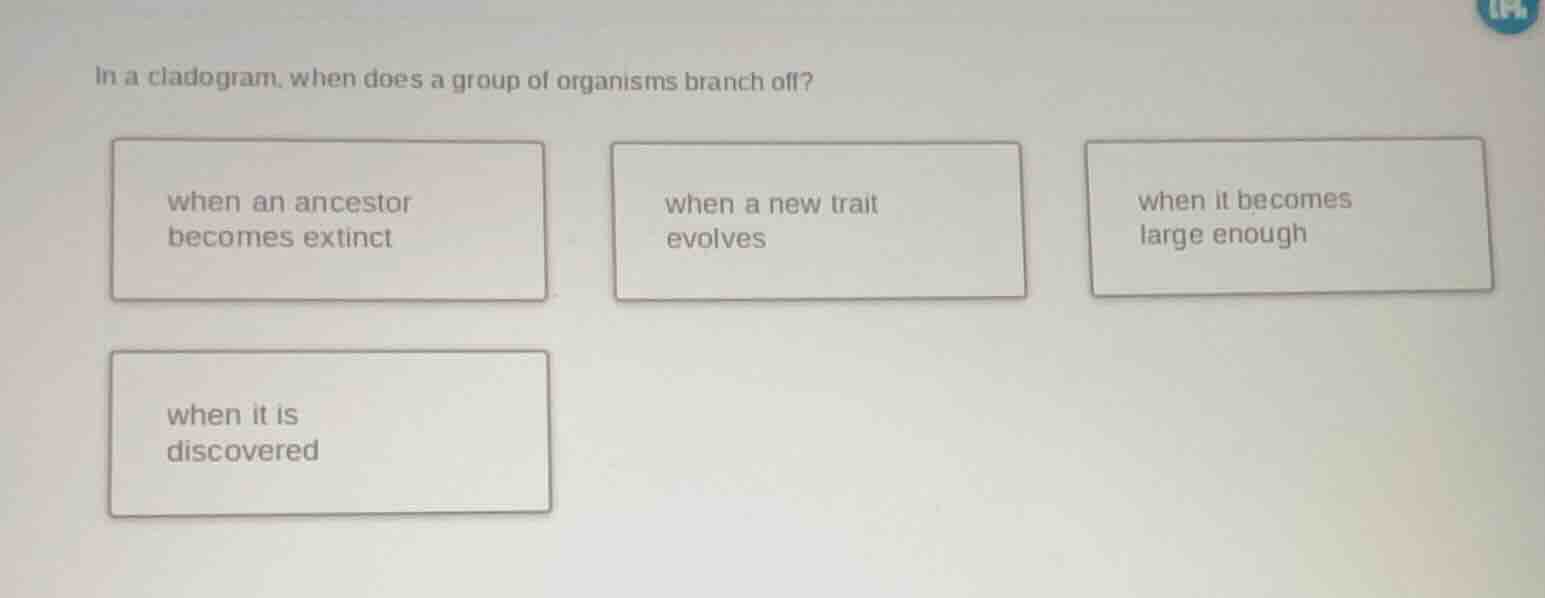in a cladogram, when does a group of organisms branch off? when an ance…
