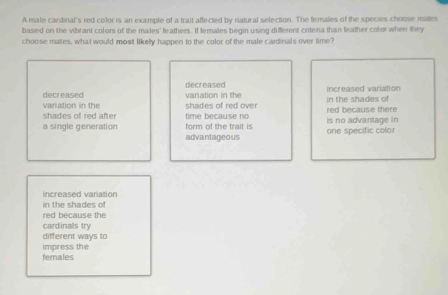 a male cardinals red color is an example of a trait affected by natural…