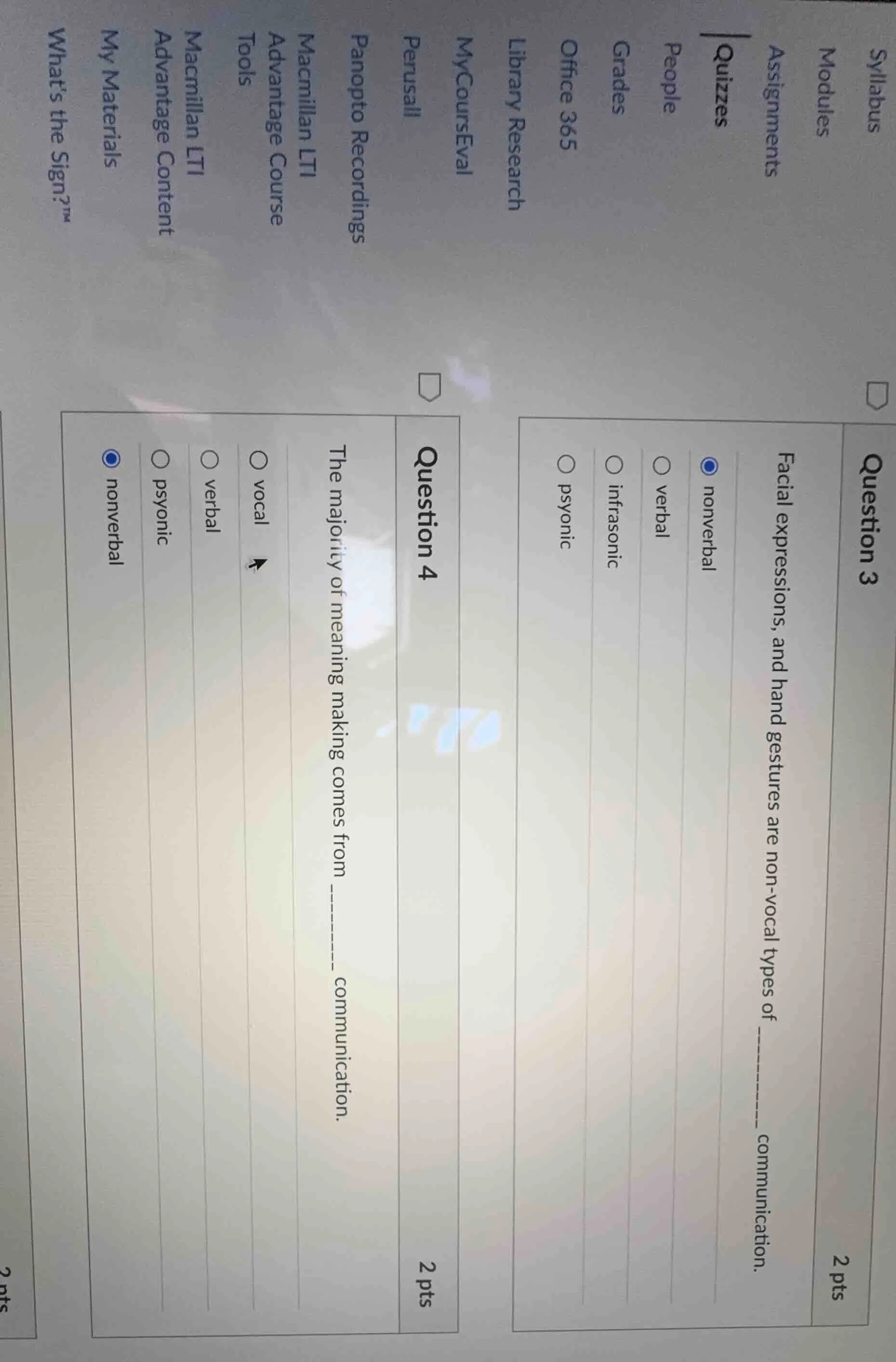 question 3 facial expressions, and hand gestures are non - vocal types …
