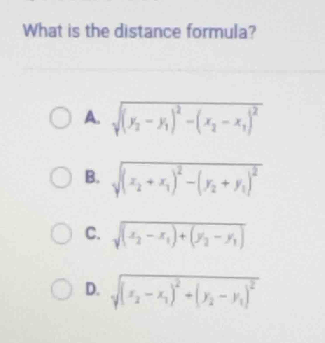 what is the distance formula? a. \\(\\sqrt{(y_2 - y_1)^2 - (x_2 - x_1)^…