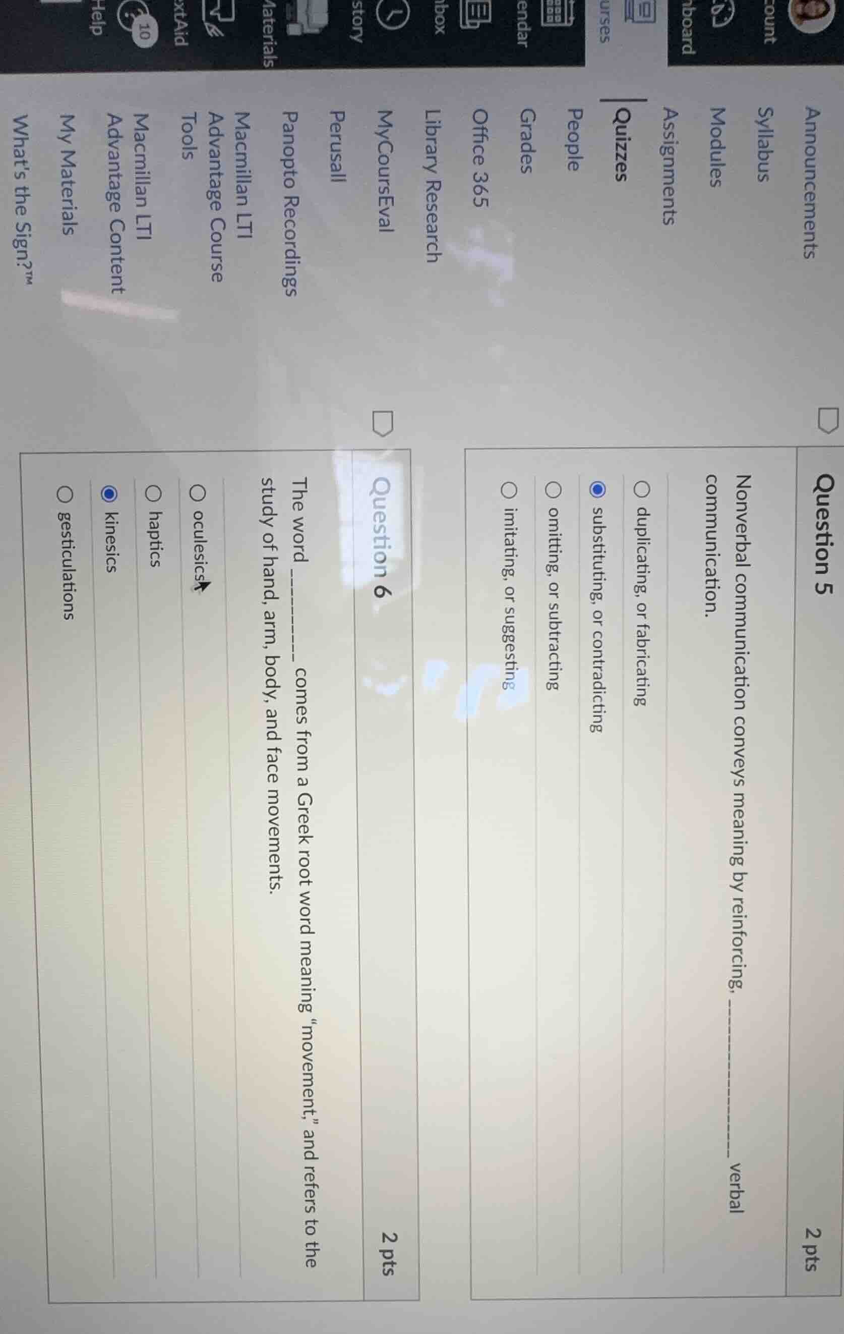 question 5 2 pts nonverbal communication conveys meaning by reinforcing…