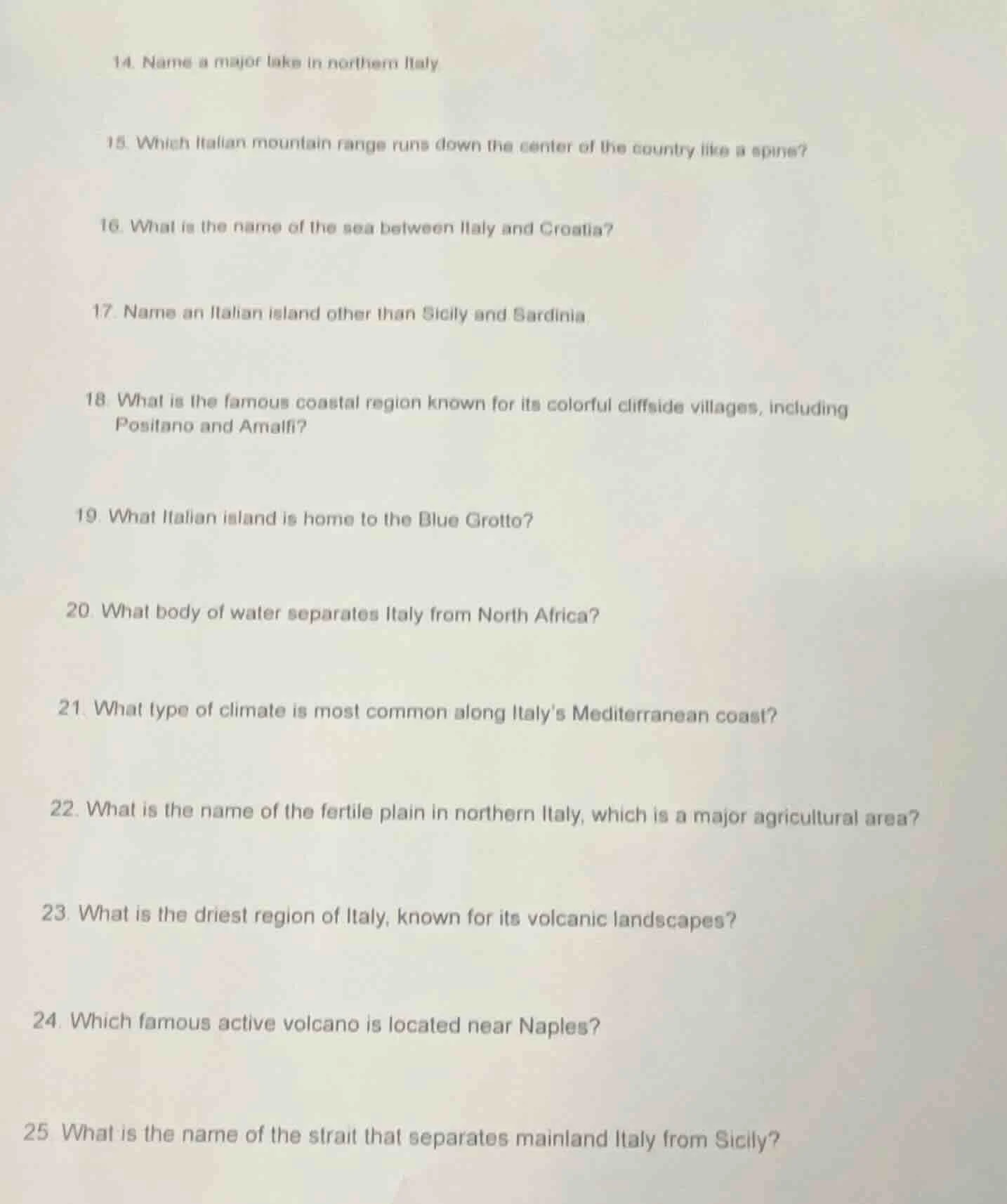 14. name a major lake in northern italy 15. which italian mountain rang…