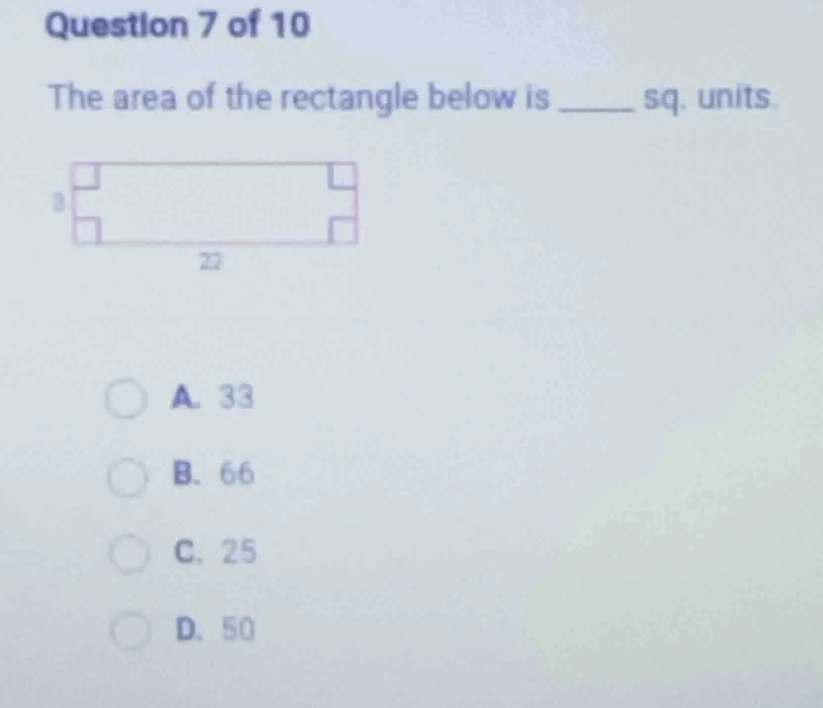 question 7 of 10 the area of the rectangle below is ____ sq. units. ima…