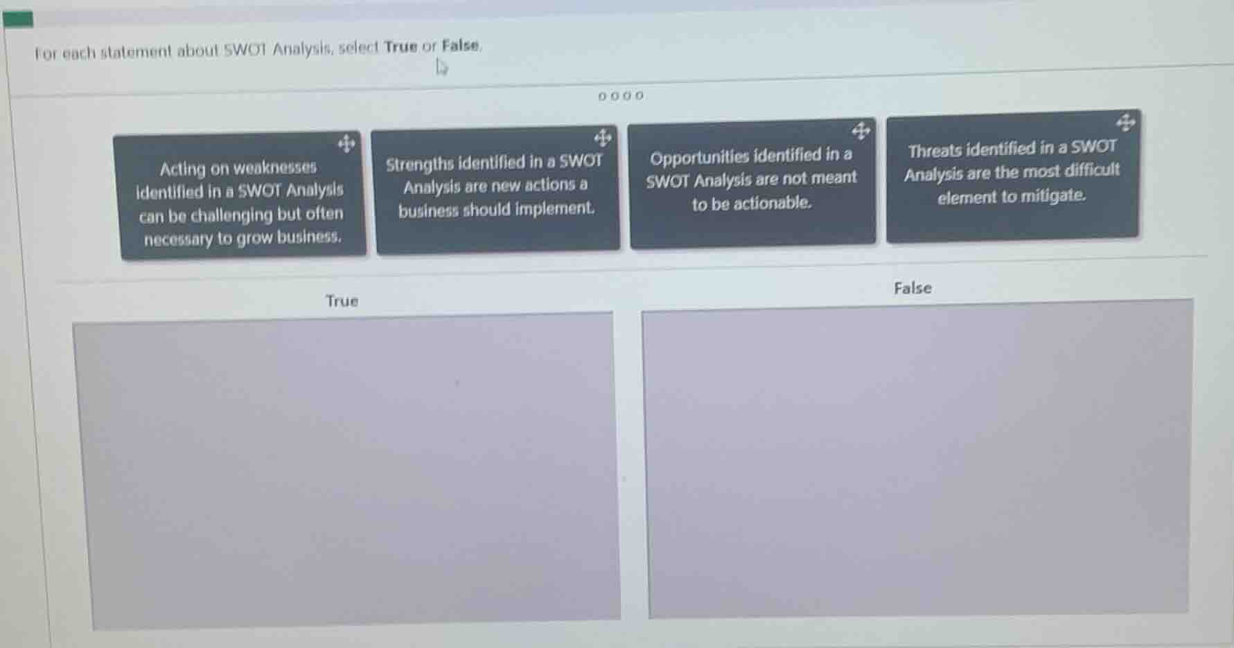 for each statement about swot analysis, select true or false. acting on…