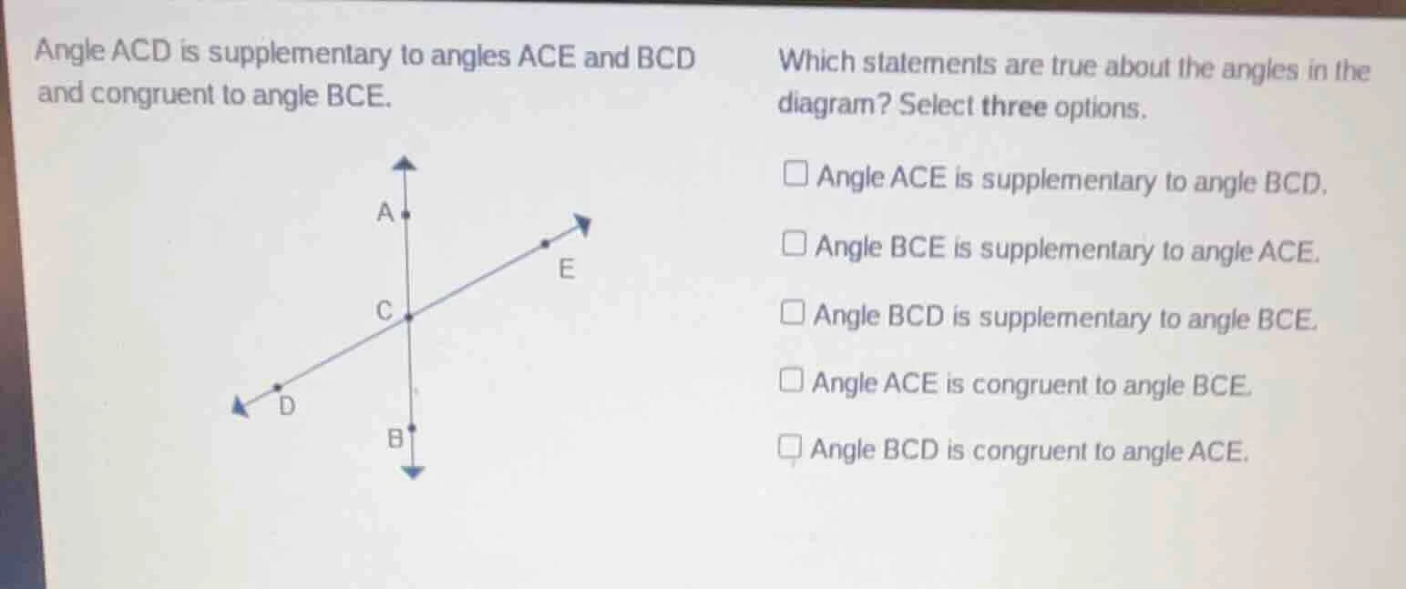 angle acd is supplementary to angles ace and bcd and congruent to angle…