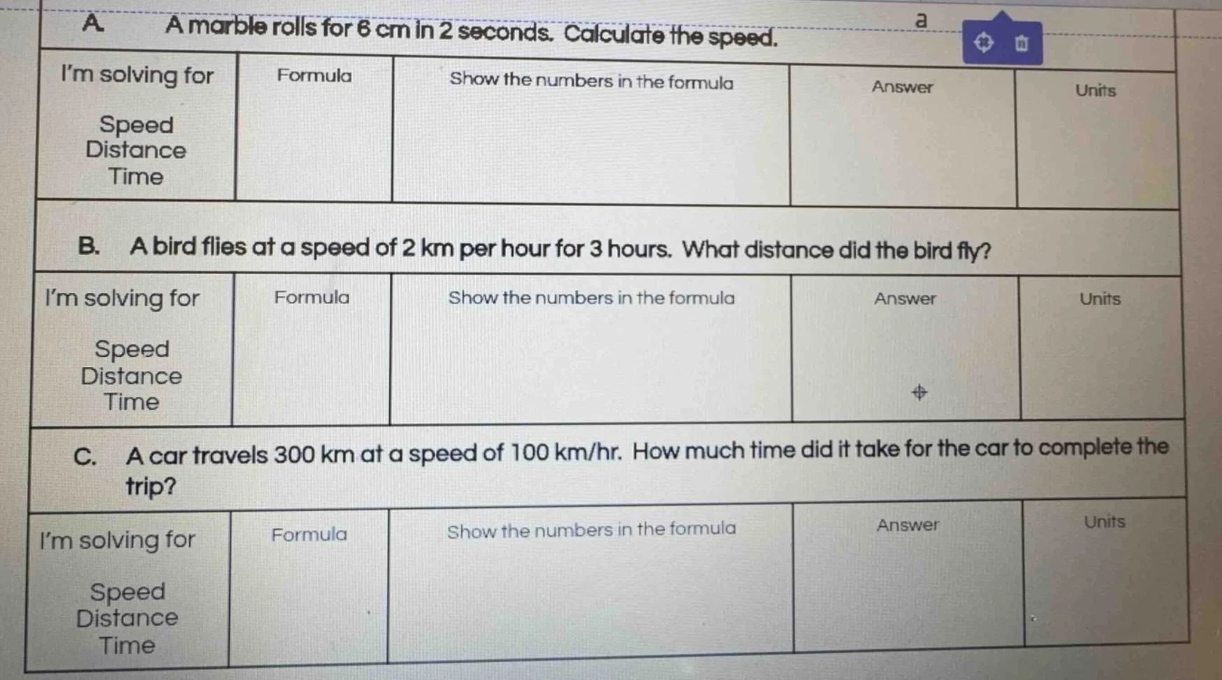 a. a marble rolls for 6 cm in 2 seconds. calculate the speed. i’m solvi…