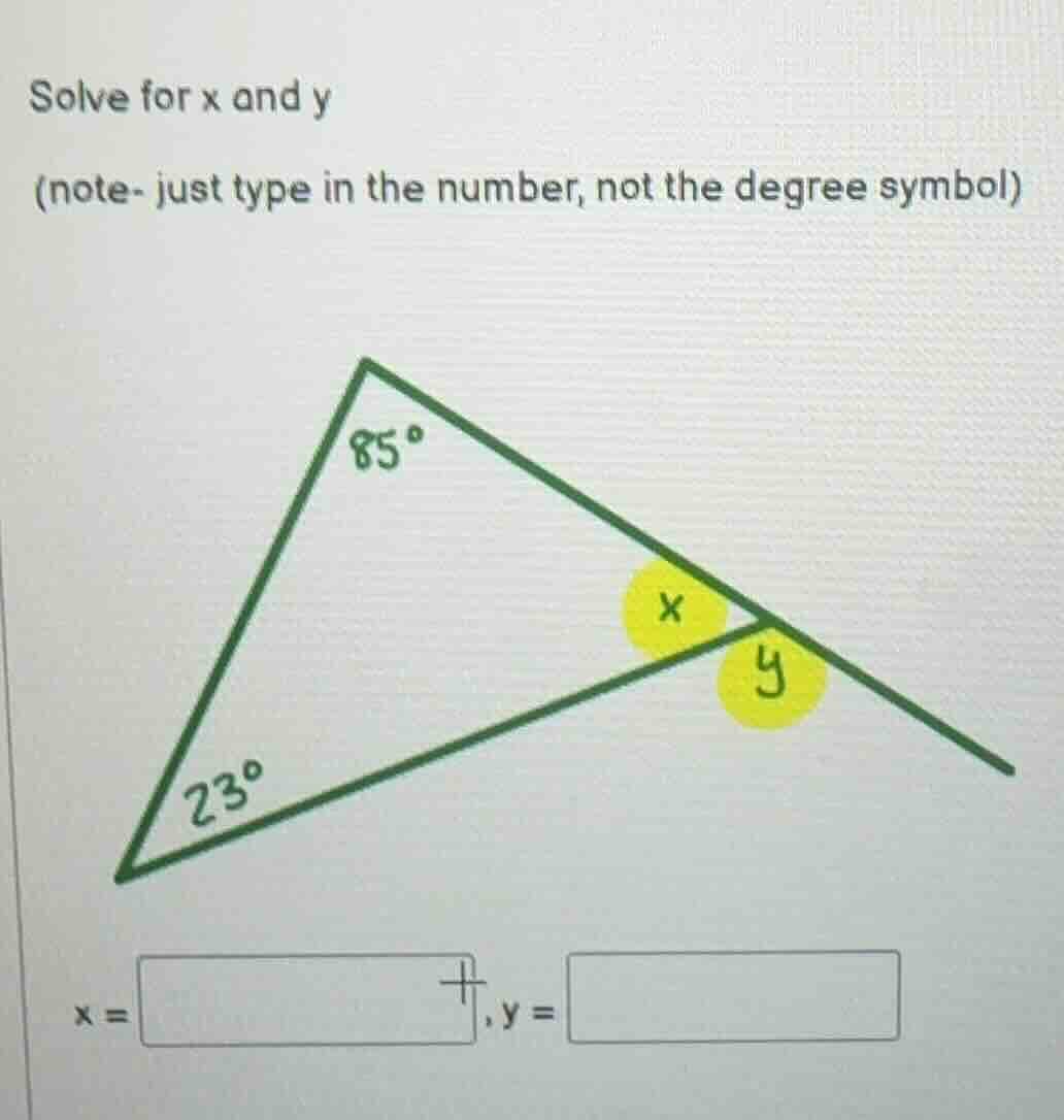 solve for x and y (note- just type in the number, not the degree symbol…
