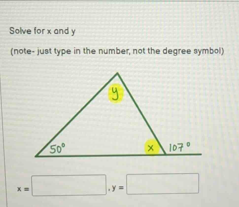 solve for x and y (note- just type in the number, not the degree symbol…