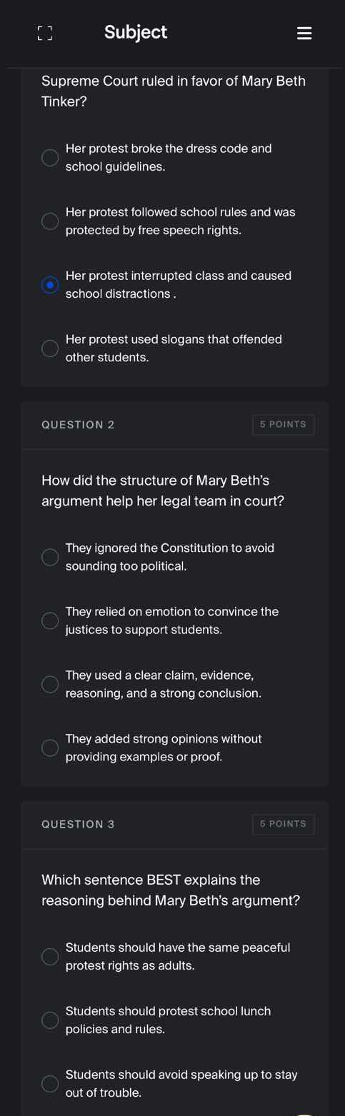 subject supreme court ruled in favor of mary beth tinker? her protest b…