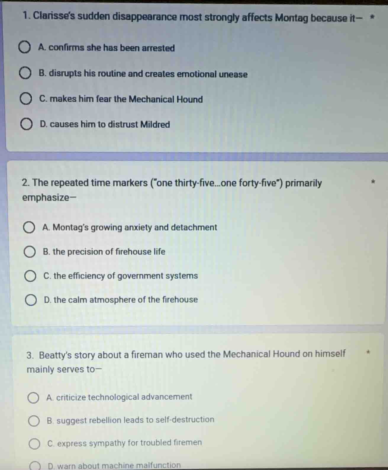 1. clarisse’s sudden disappearance most strongly affects montag because…