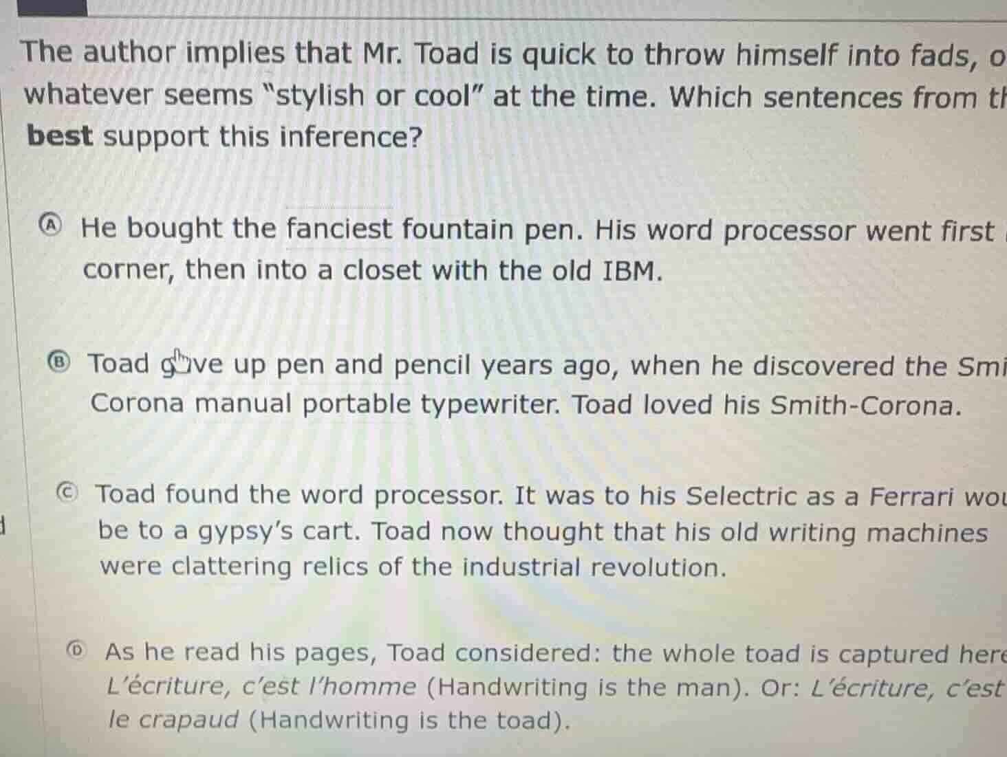 the author implies that mr. toad is quick to throw himself into fads, o…