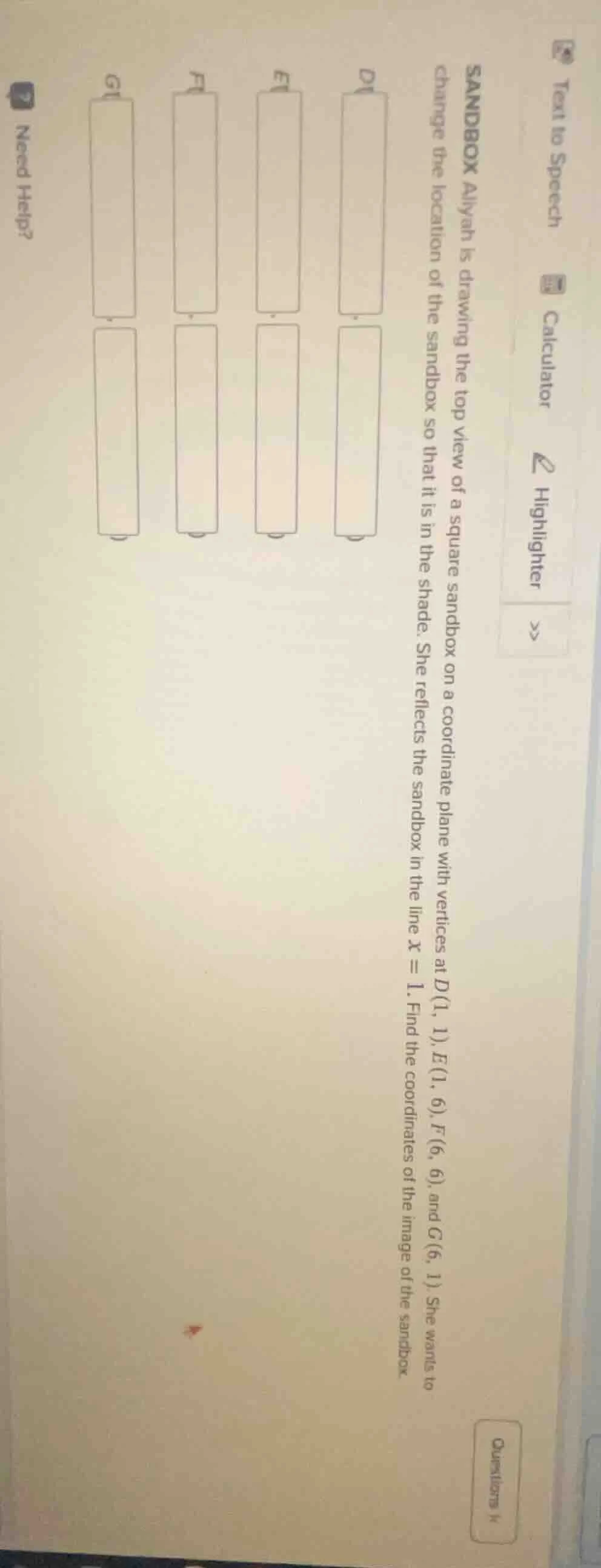 sandbox aliyah is drawing the top view of a square sandbox on a coordin…