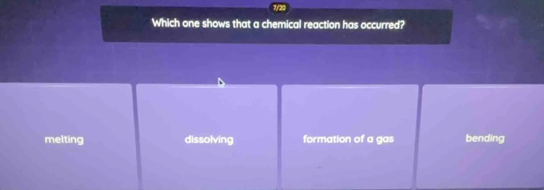which one shows that a chemical reaction has occurred? melting dissolvi…