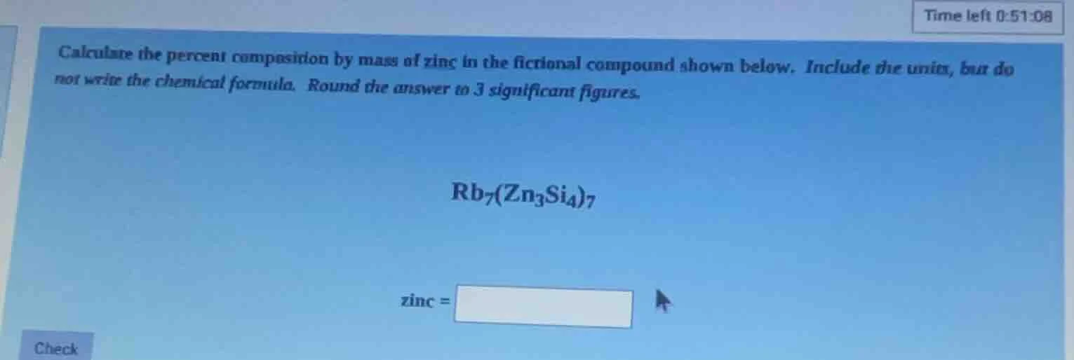 calculate the percent composition by mass of zinc in the fictional comp…