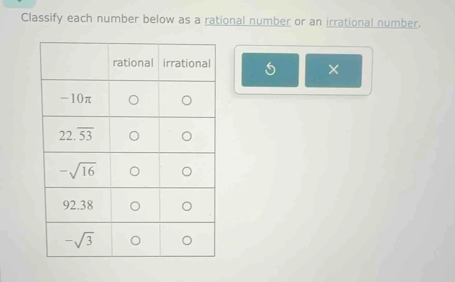 classify each number below as a rational number or an irrational number…