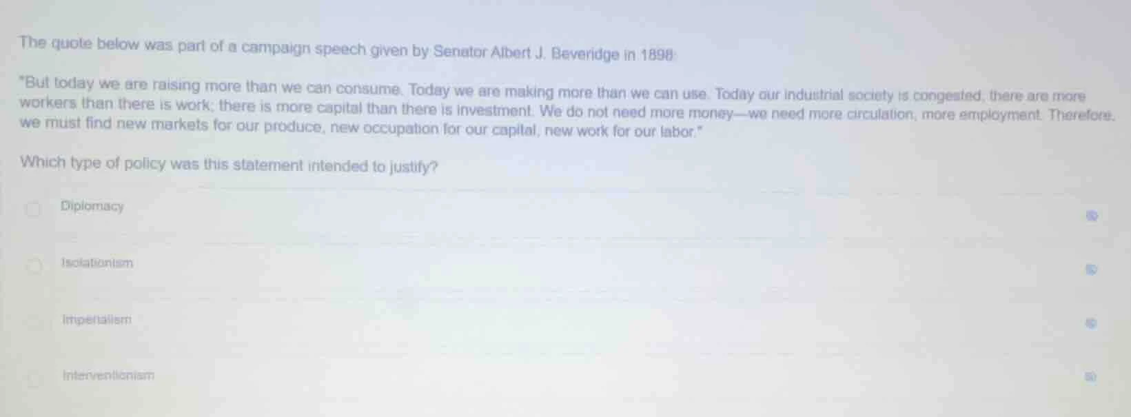 the quote below was part of a campaign speech given by senator albert j…