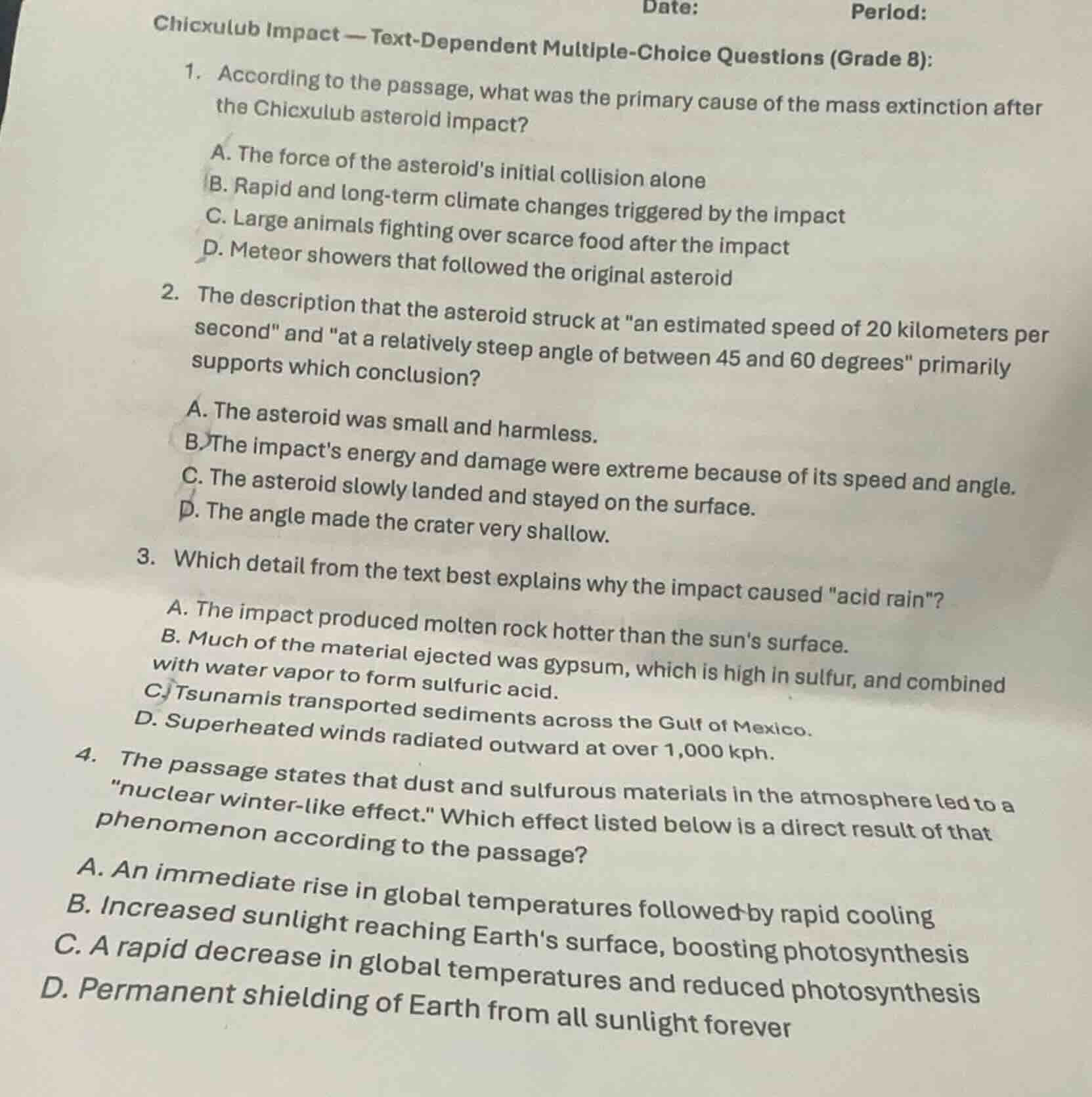 date: period: chicxulub impact — text - dependent multiple - choice que…