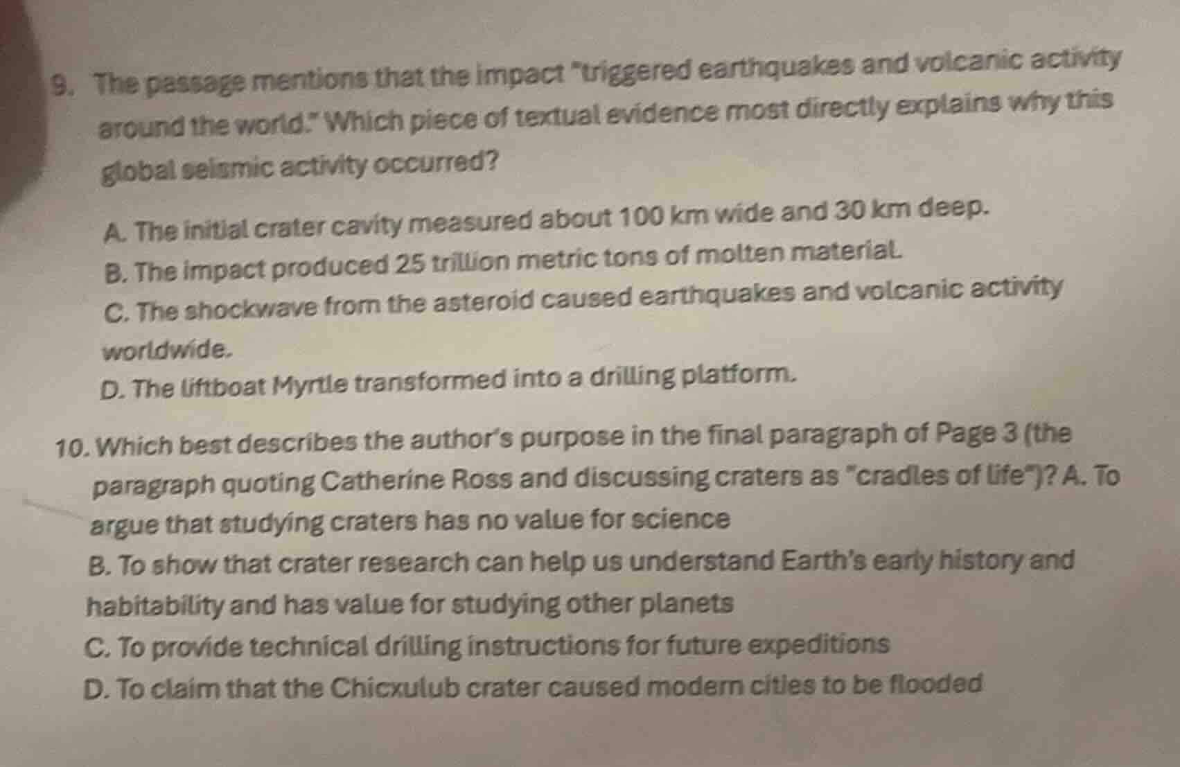 9. the passage mentions that the impact \triggered earthquakes and volc…