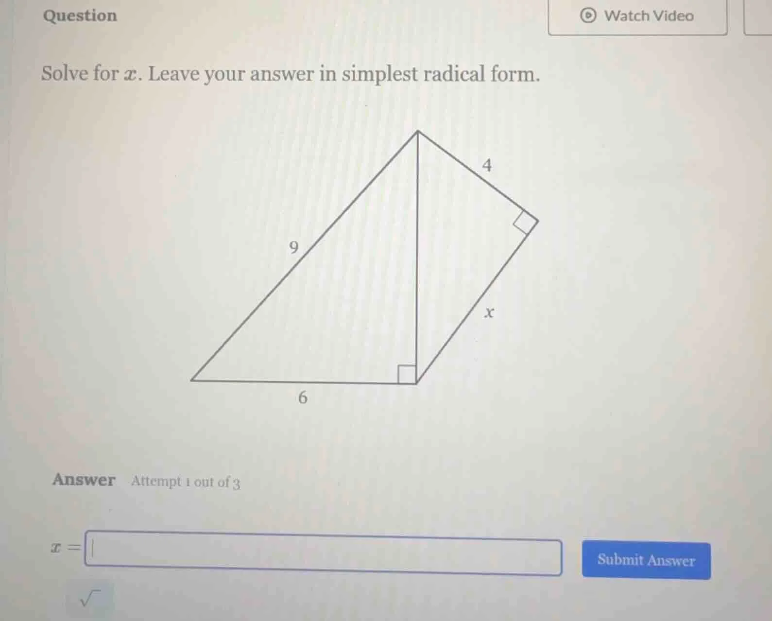 question solve for ( x ). leave your answer in simplest radical form. (…