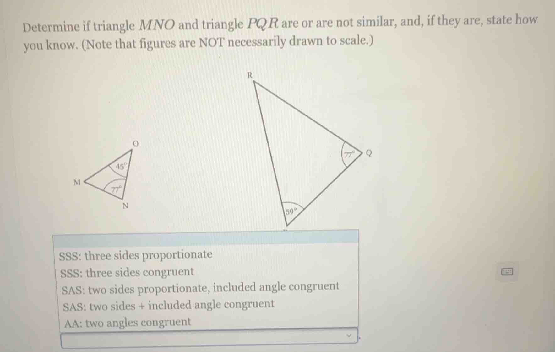 determine if triangle mno and triangle pqr are or are not similar, and,…