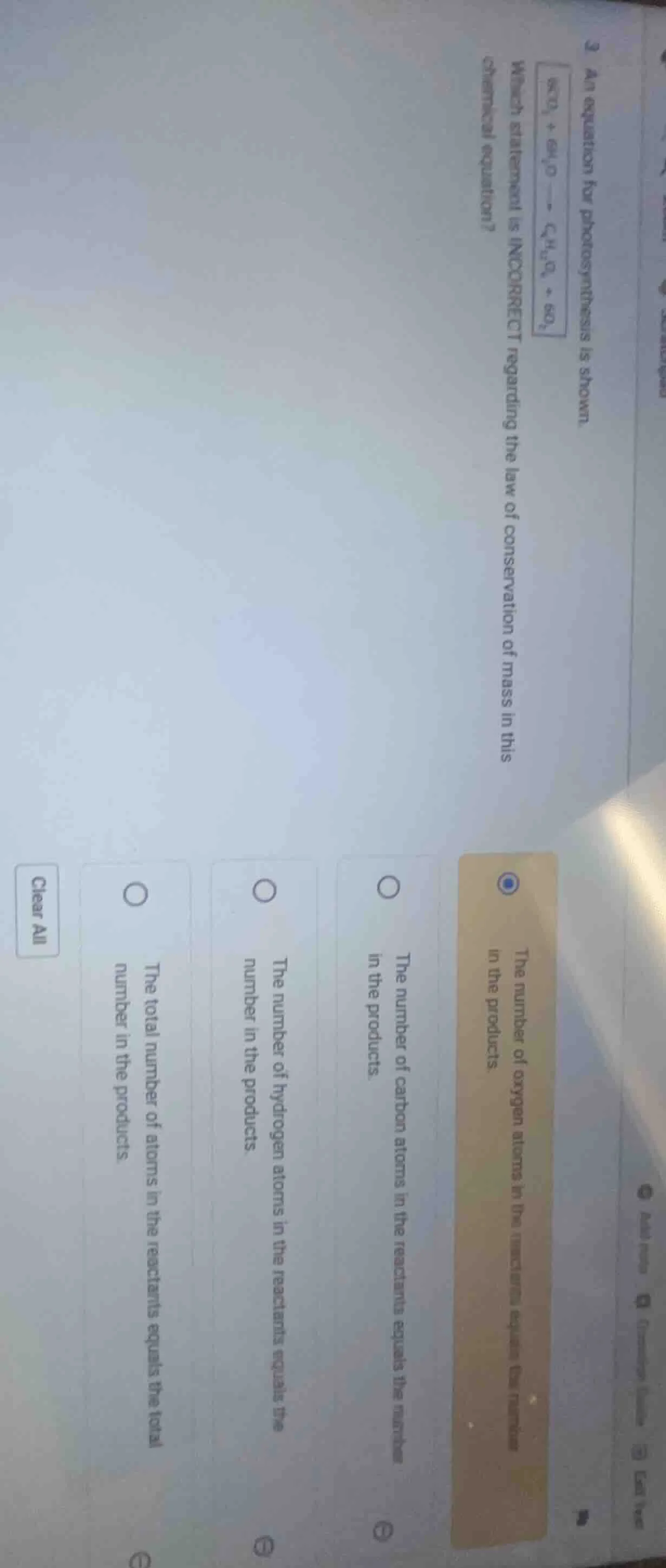 3 an equation for photosynthesis is shown. \\boxed{\\ce{6co_{2} + 6h_{2…