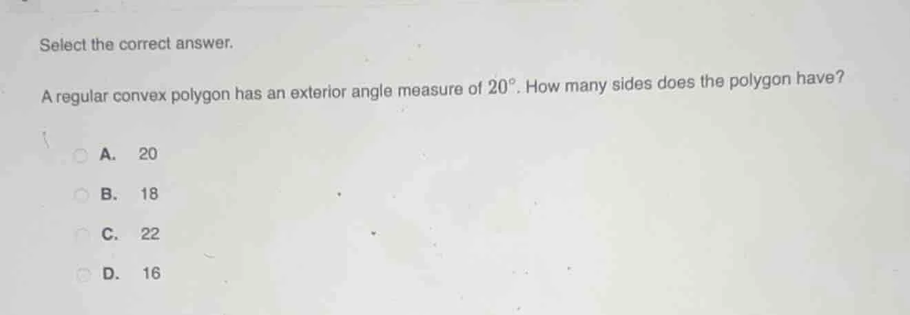 select the correct answer. a regular convex polygon has an exterior ang…