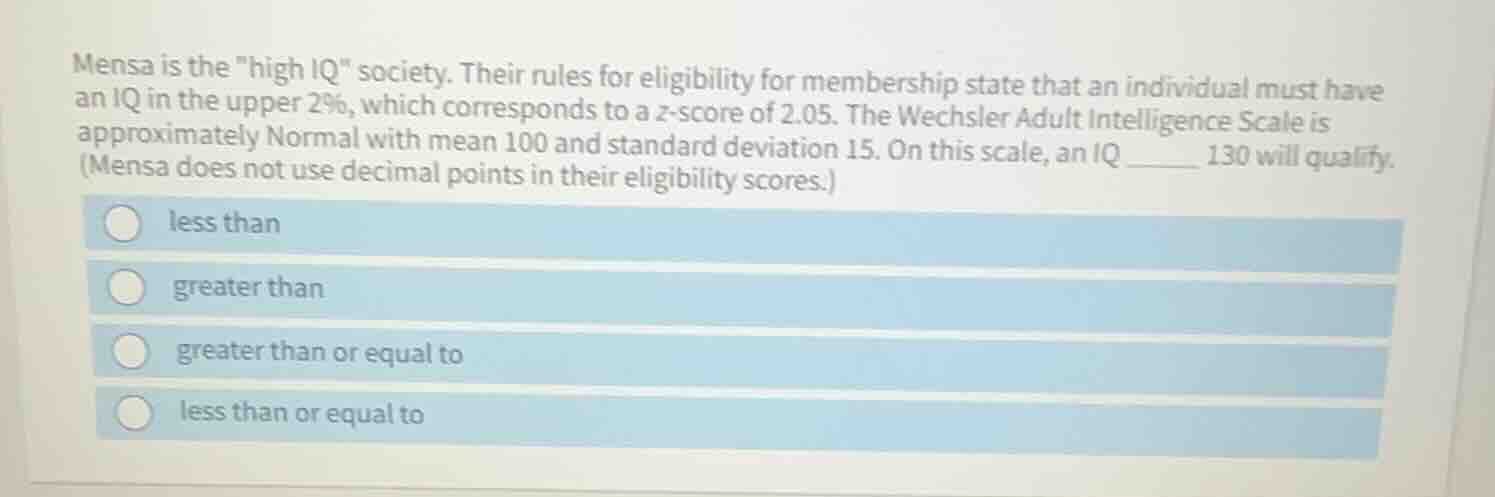 mensa is the \high iq\ society. their rules for eligibility for members…