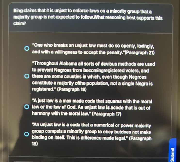 king claims that it is unjust to enforce laws on a minority group that …