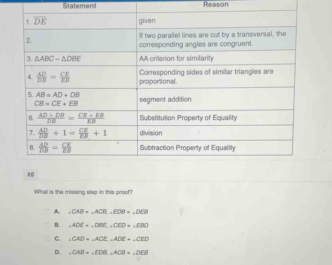 statement reason 1. \\(\\overline{de}\\) given 2. if two parallel lines…