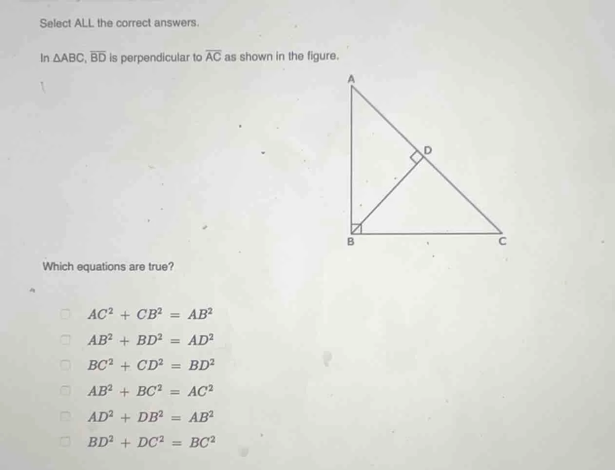 select all the correct answers. in $\\triangle abc$, $\\overline{bd}$ i…