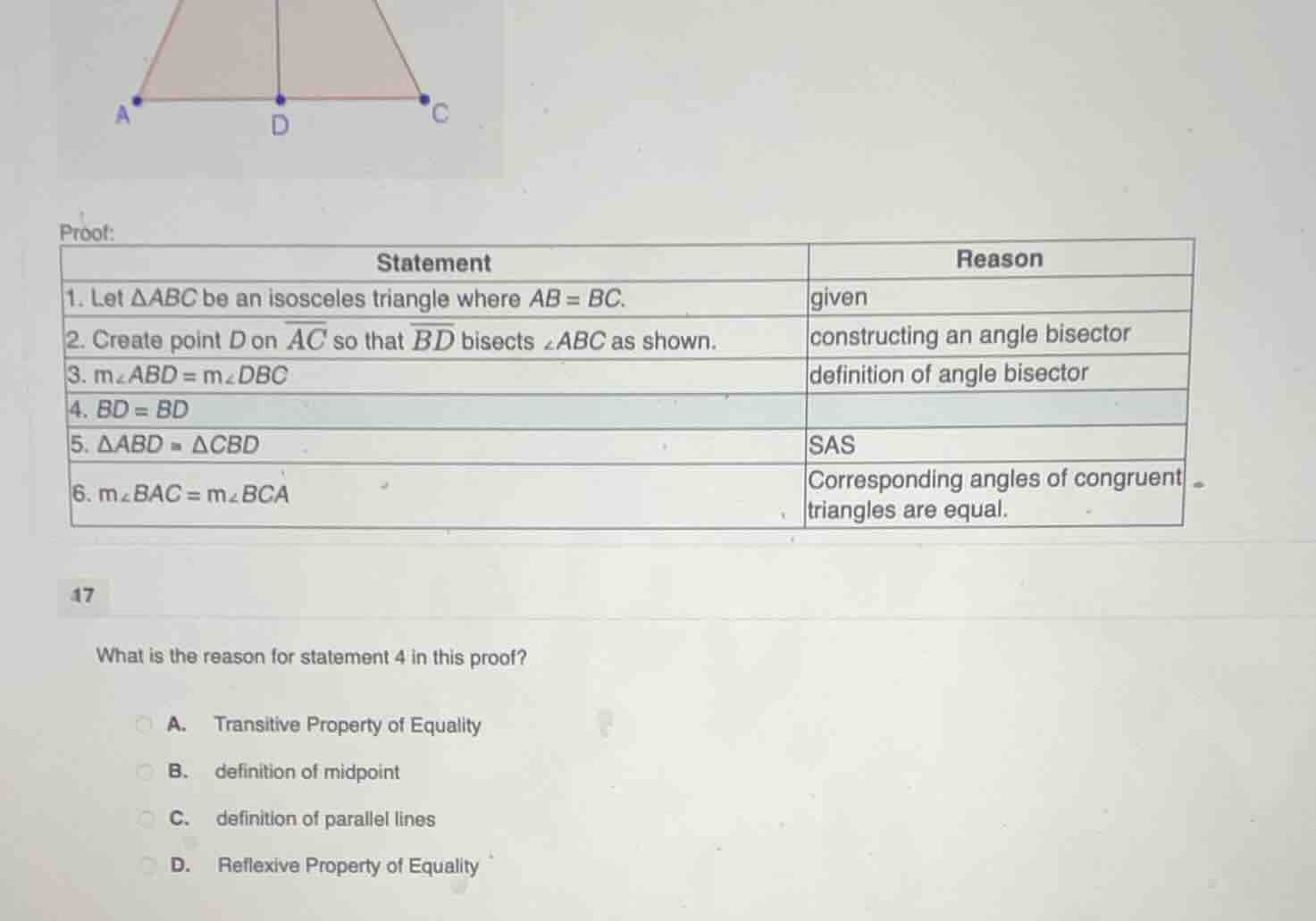 proof: | statement | reason | | --- | --- | | 1. let $\\triangle abc$ b…