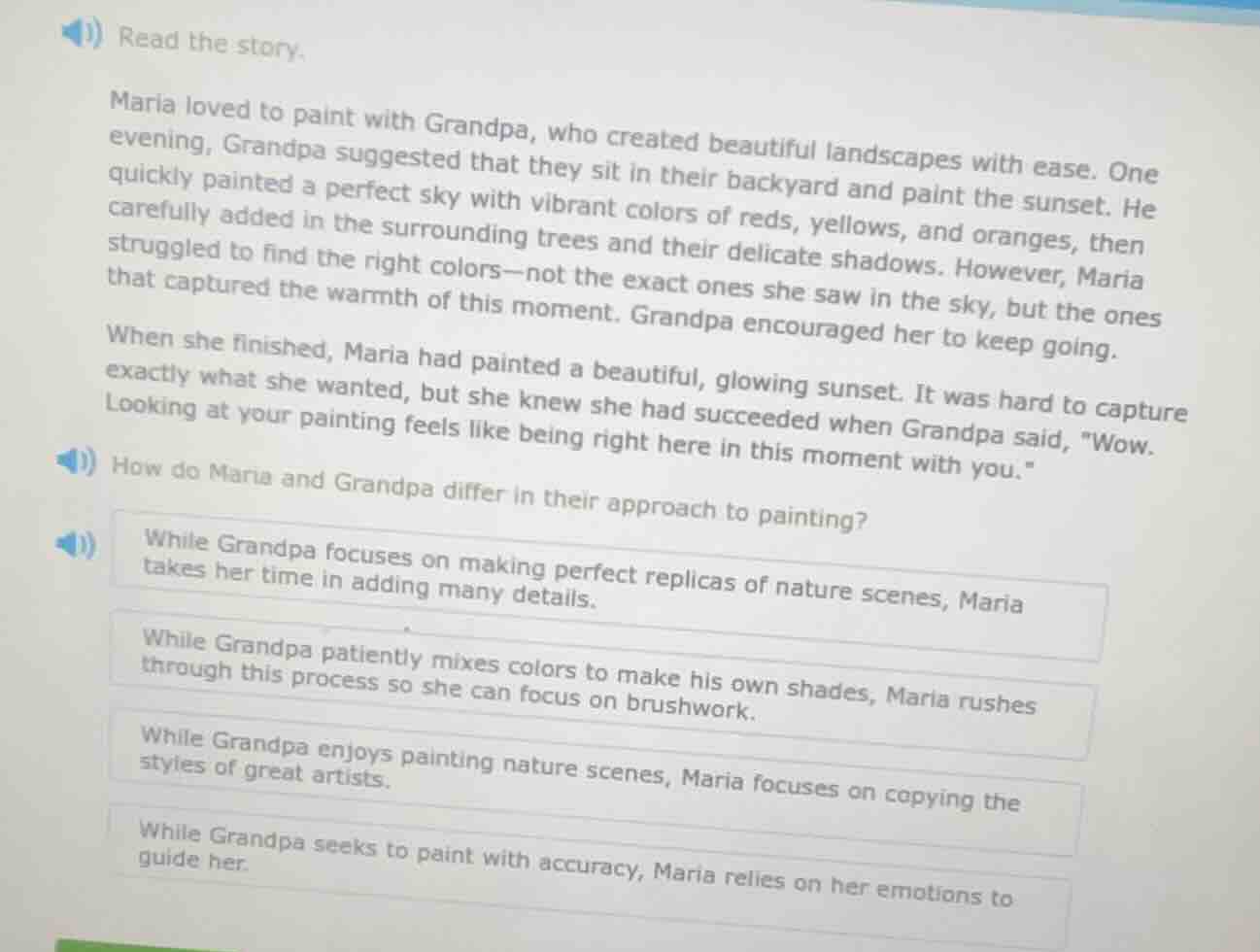 read the story. maria loved to paint with grandpa, who created beautifu…