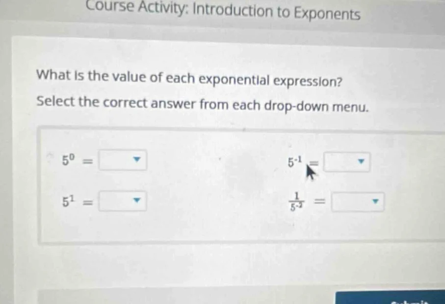 course activity: introduction to exponents what is the value of each ex…