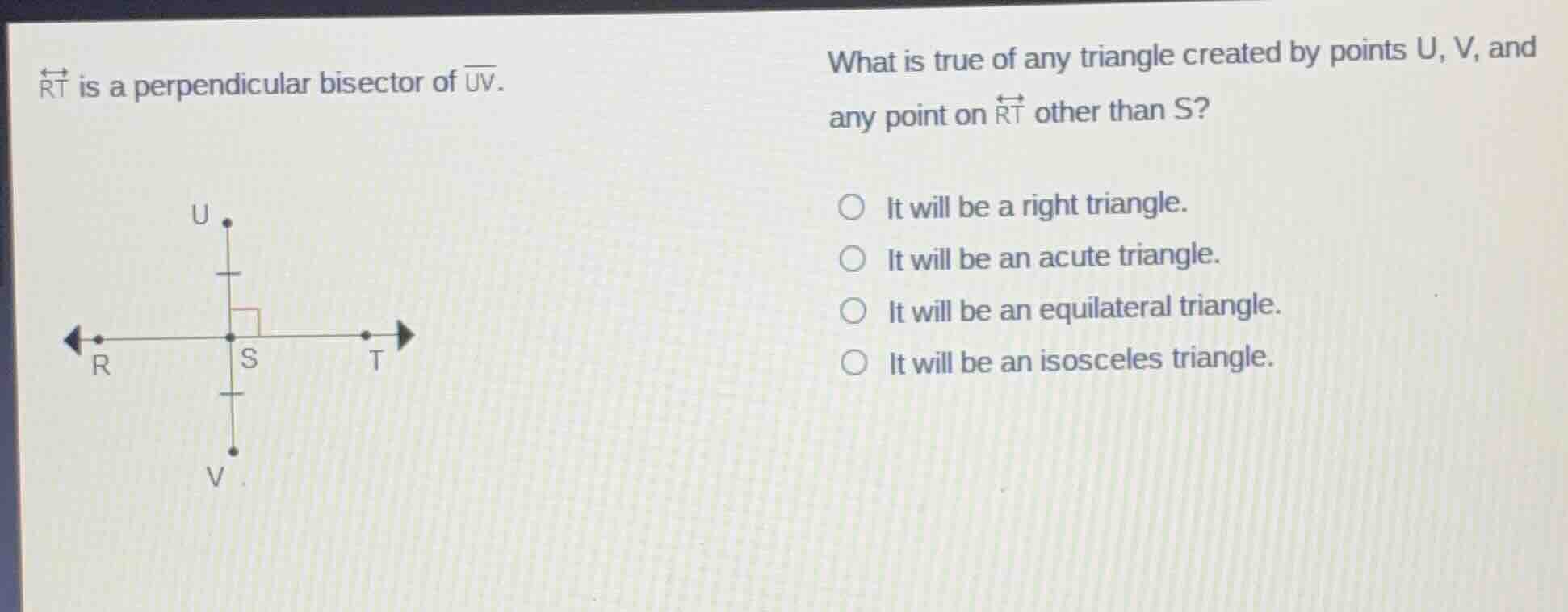 $\\overleftrightarrow{rt}$ is a perpendicular bisector of $\\overline{u…