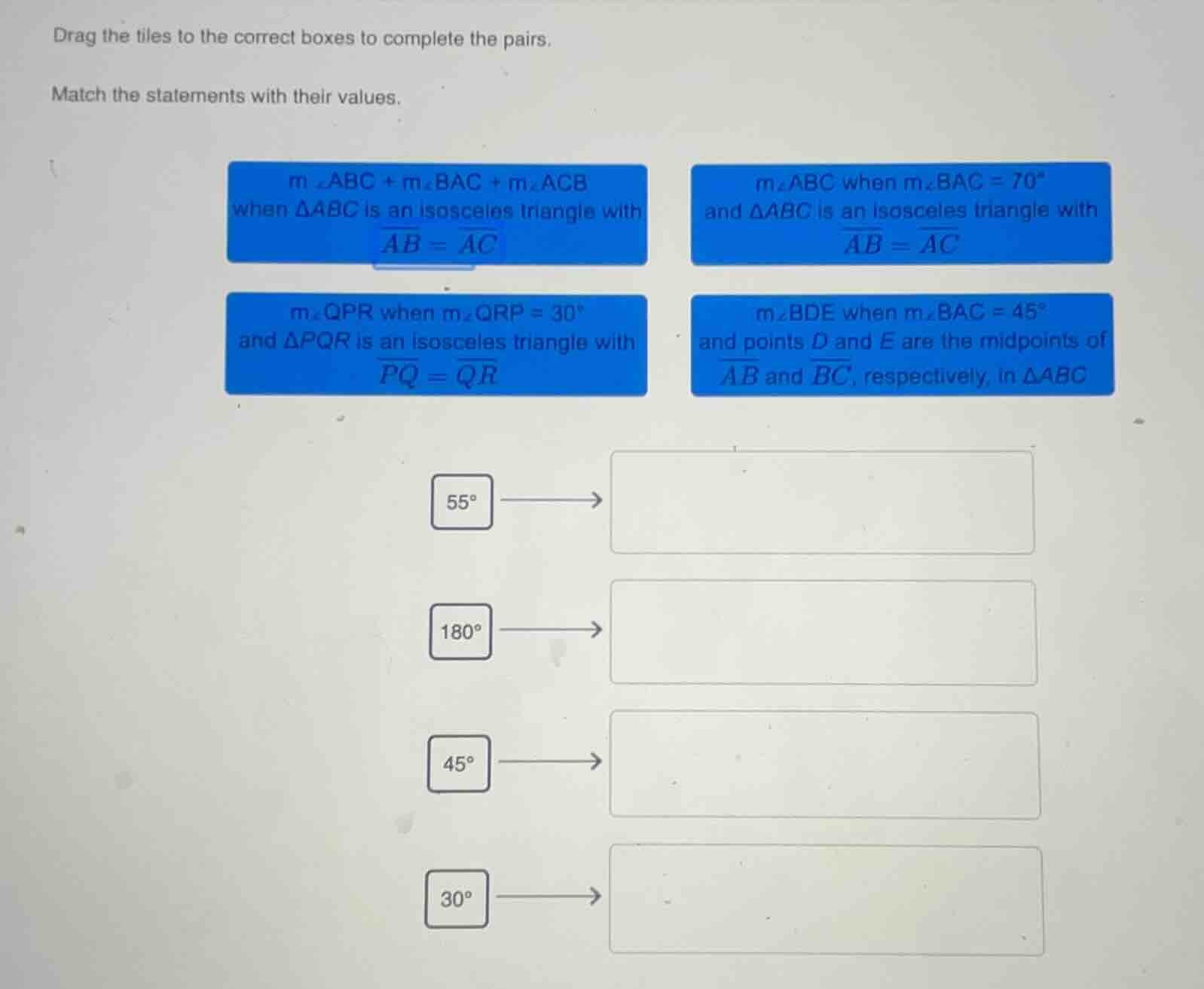 drag the tiles to the correct boxes to complete the pairs. match the st…