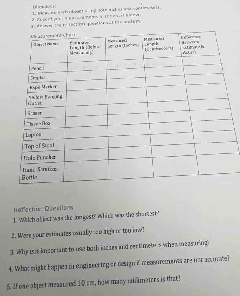 directions: 1. measure each object using both inches and centimeters. 2…