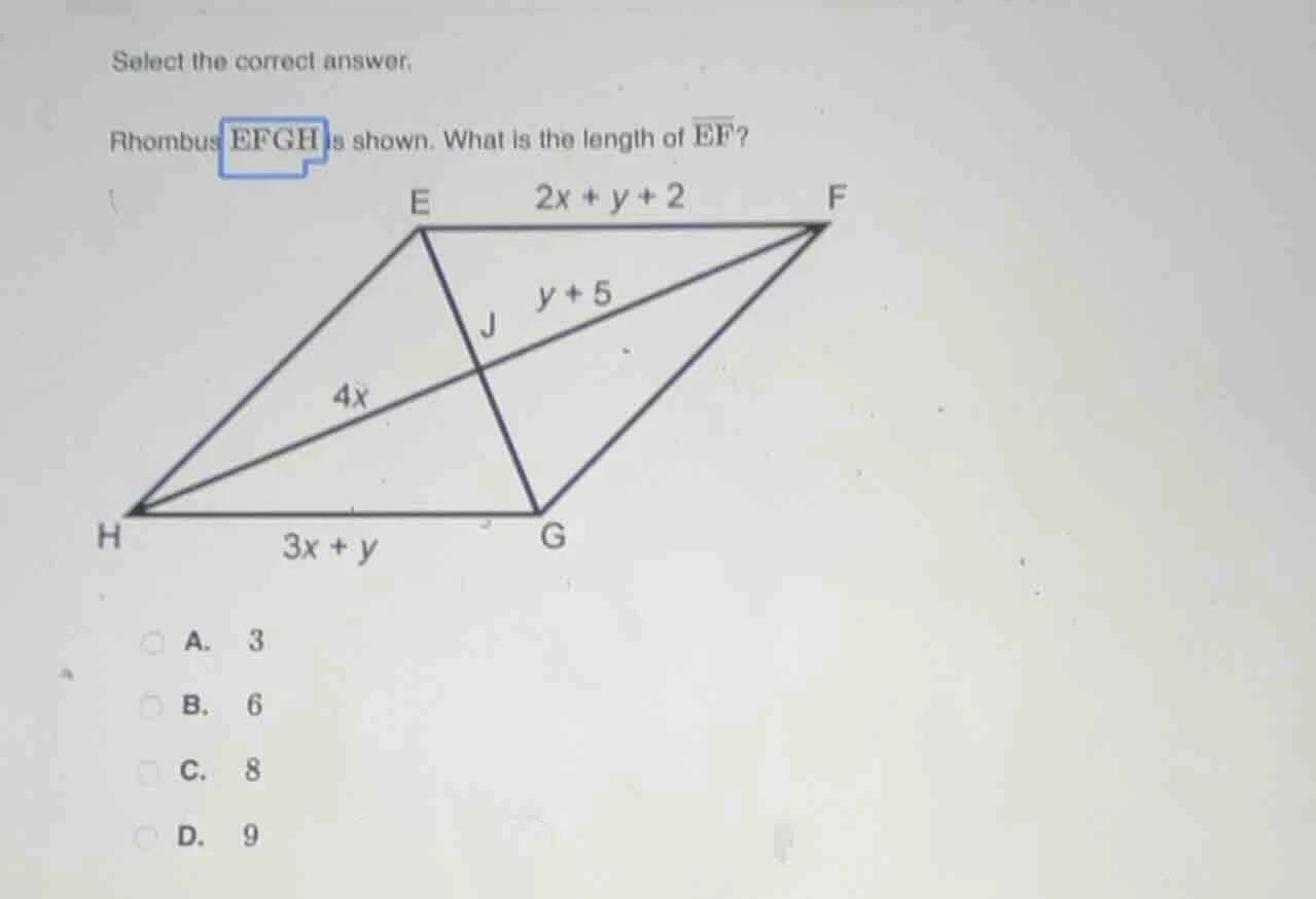 select the correct answer. rhombus efgh is shown. what is the length of…