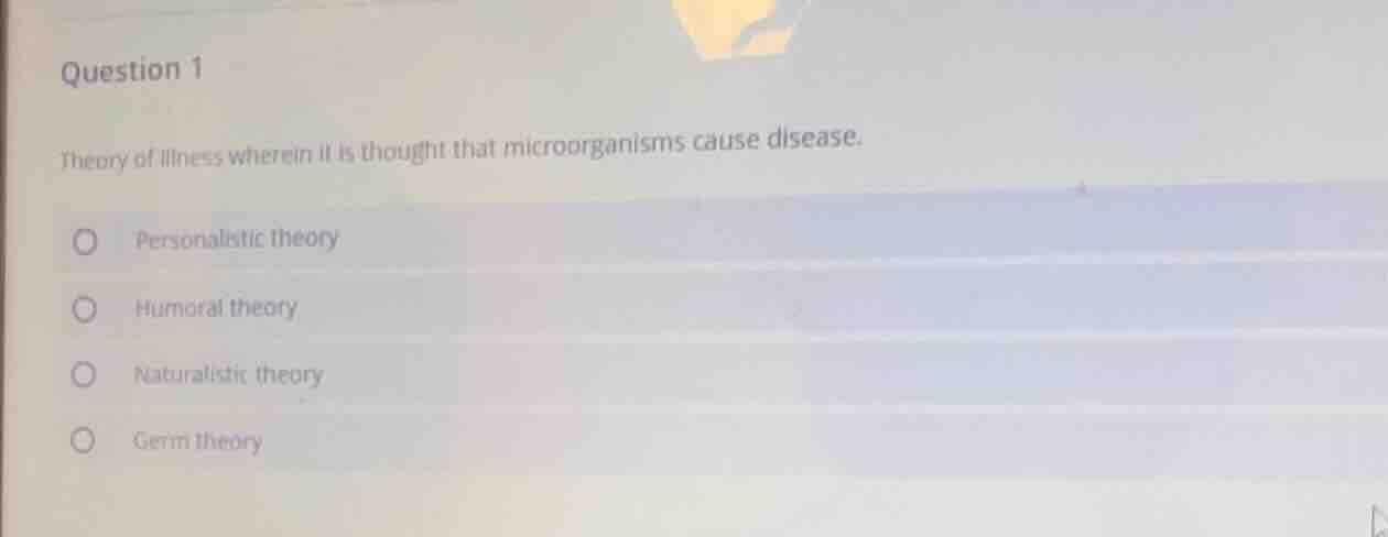 question 1 theory of illness wherein it is thought that microorganisms …