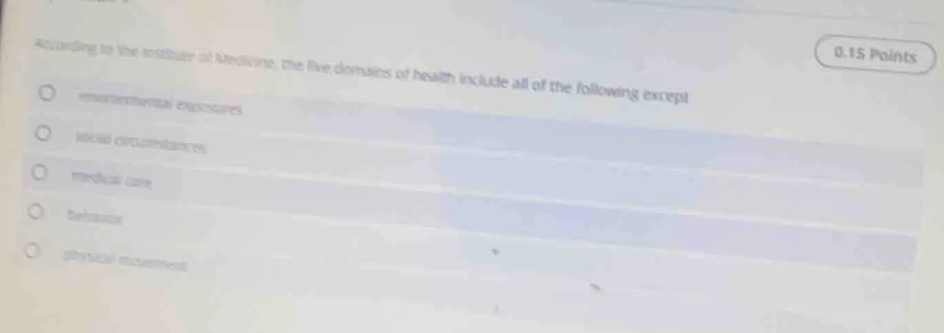 according to the institute of medicine, the five domains of health incl…