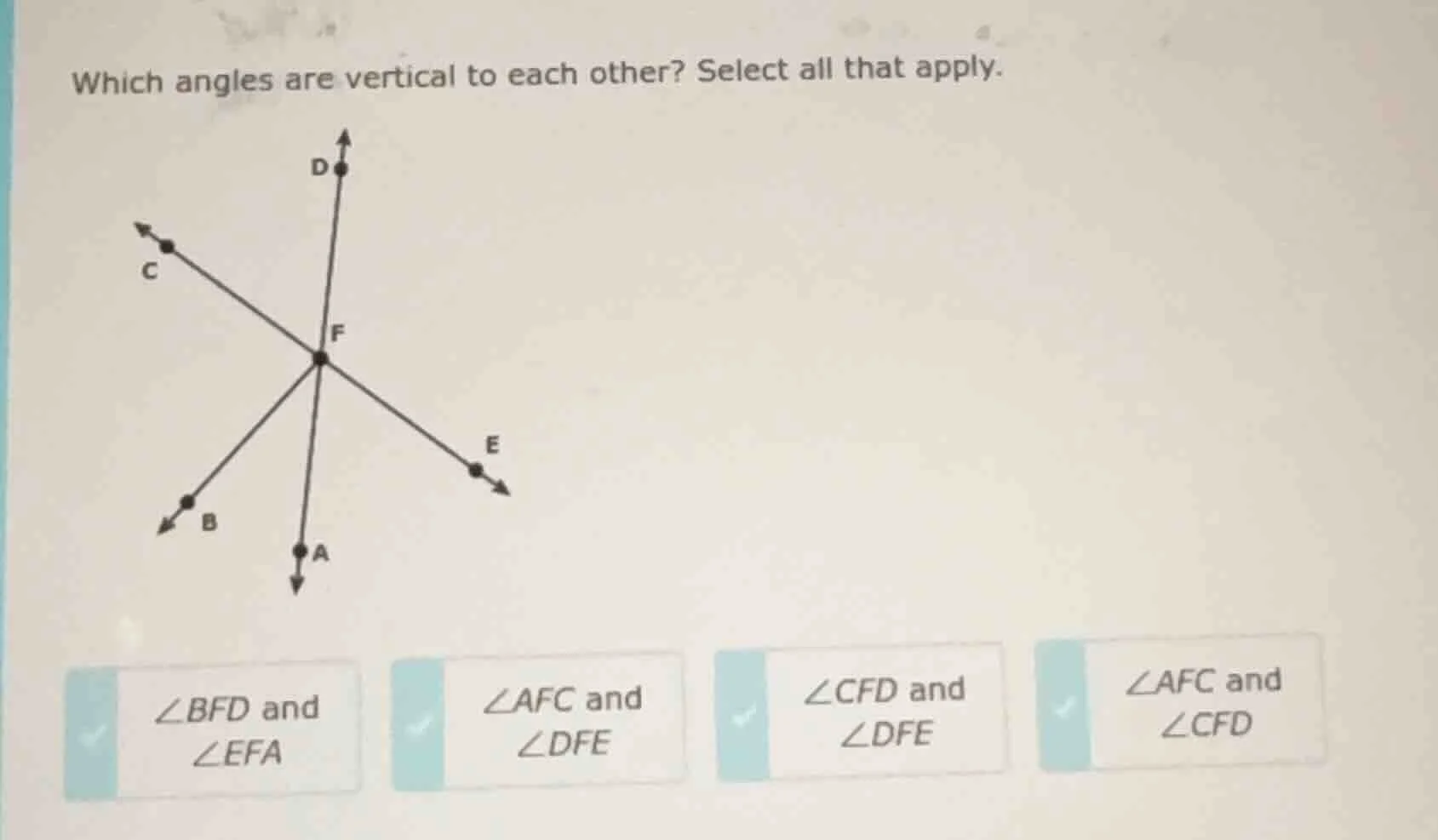 which angles are vertical to each other? select all that apply.