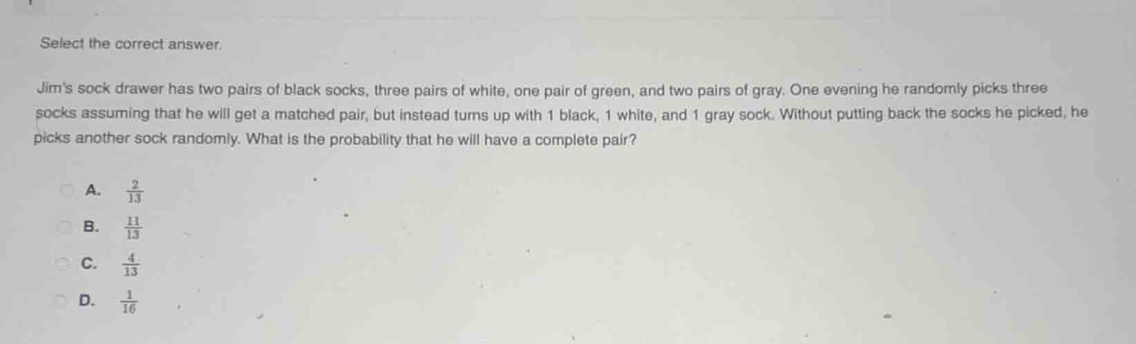 select the correct answer. jim’s sock drawer has two pairs of black soc…