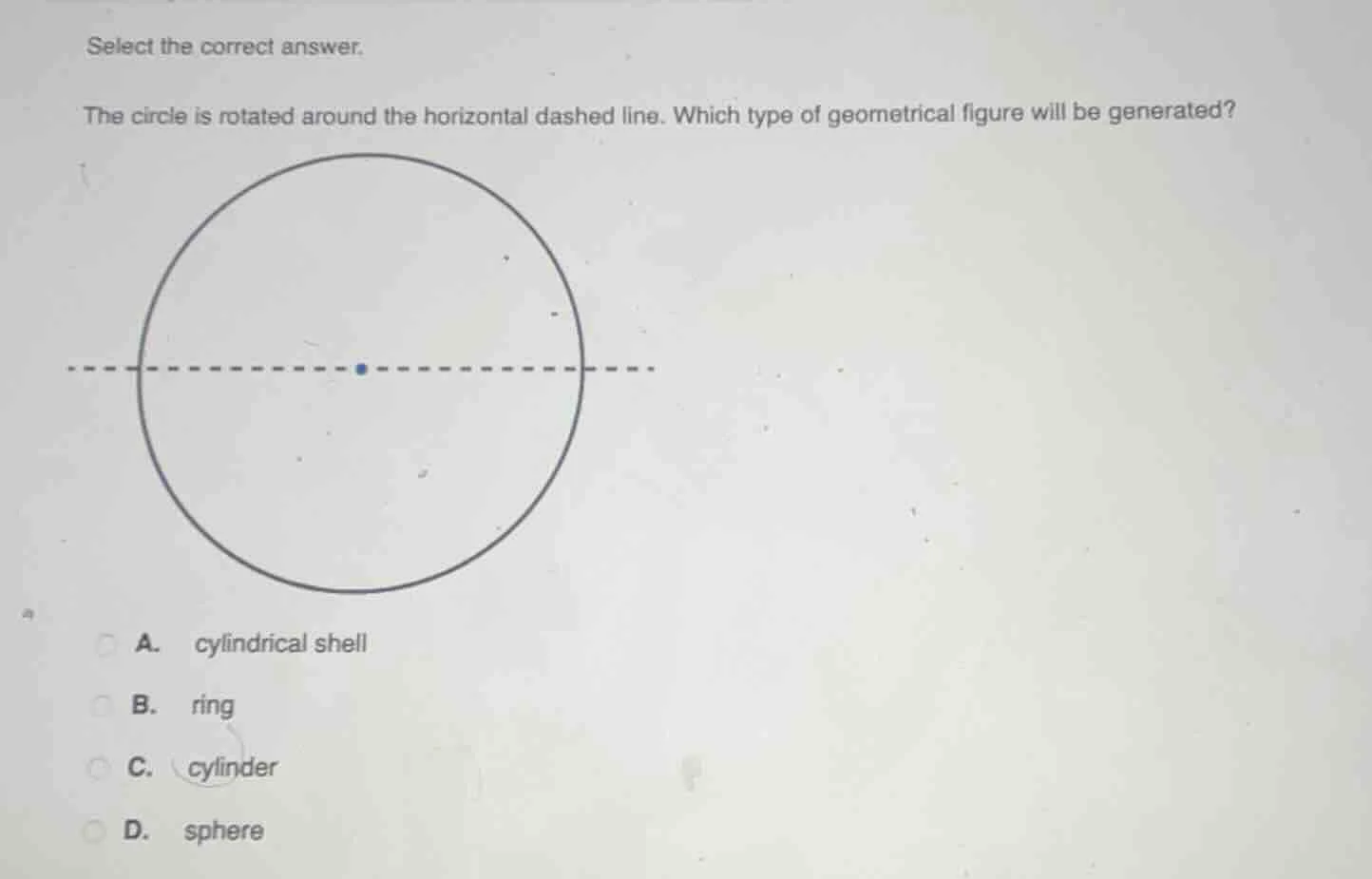select the correct answer. the circle is rotated around the horizontal …