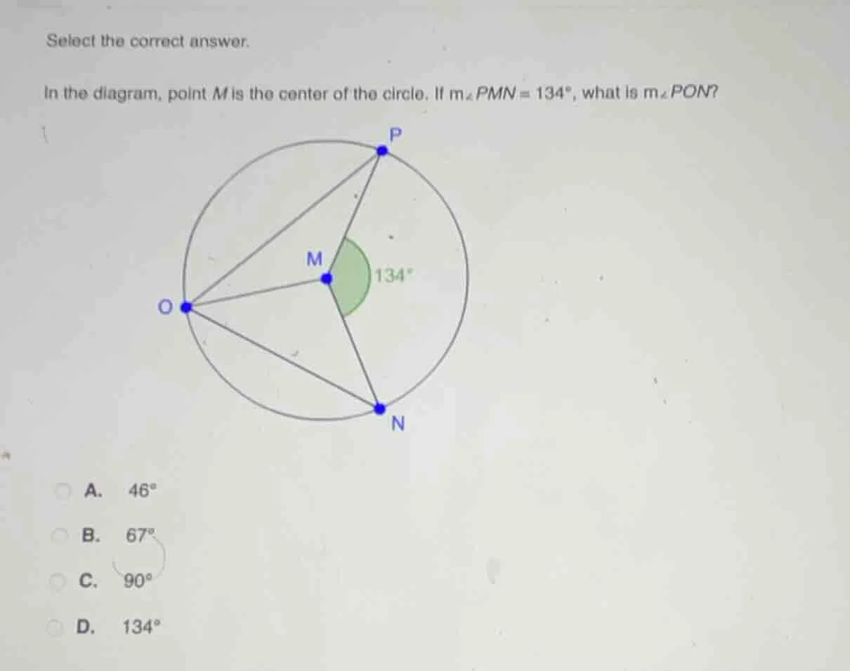 select the correct answer. in the diagram, point m is the center of the…
