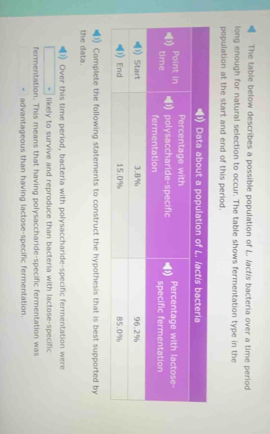the table below describes a possible population of l. lactis bacteria o…